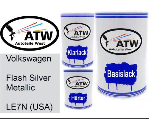 Volkswagen, Flash Silver Metallic, LE7N (USA): 500ml Lackdose + 500ml Klarlack + 250ml Härter - Set, von ATW Autoteile West.